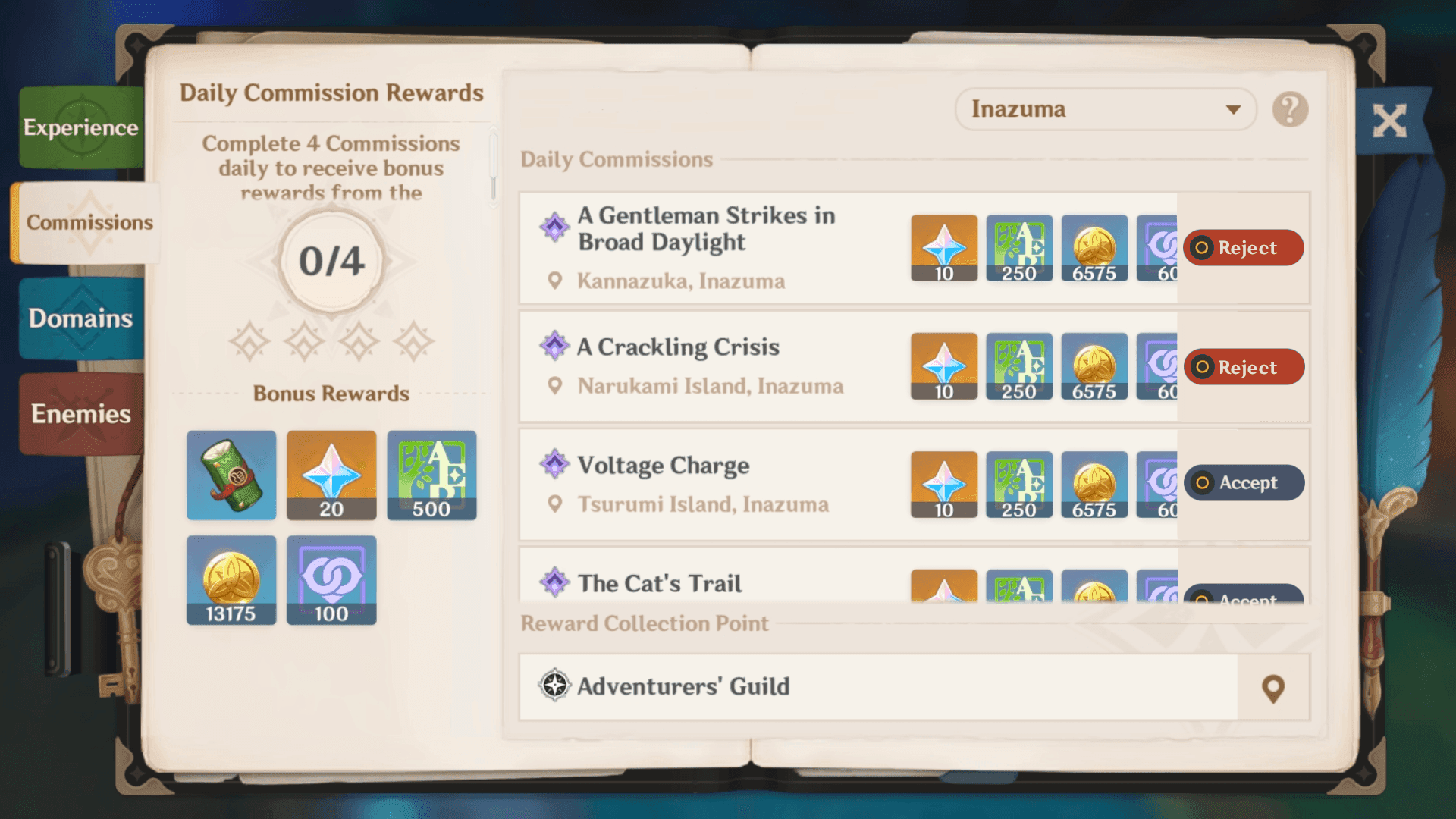 Genshin Impact daily commissions screen showing four available quests with reward information