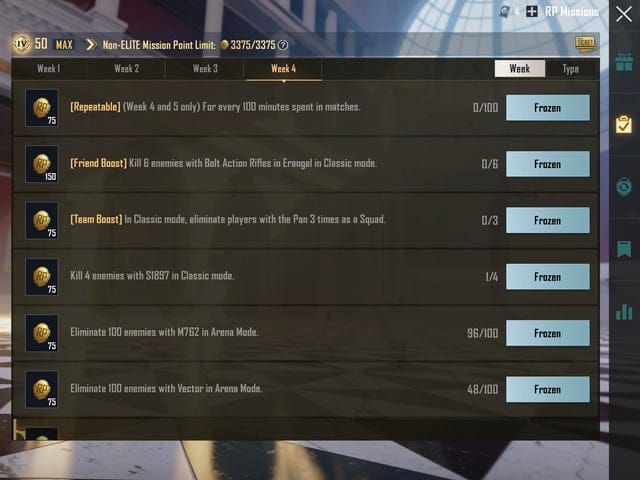 PUBG Mobile daily weekly missions screen
