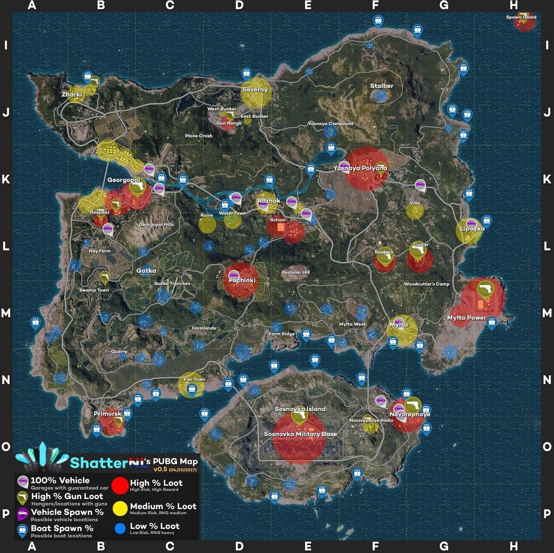 Карта режима «Груз» в PUBG Mobile с местами появления радаров и вертолетов