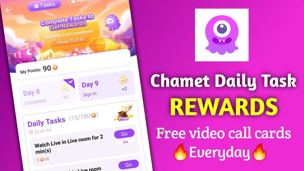 Chamet app daily tasks interface with diamond rewards and milestones