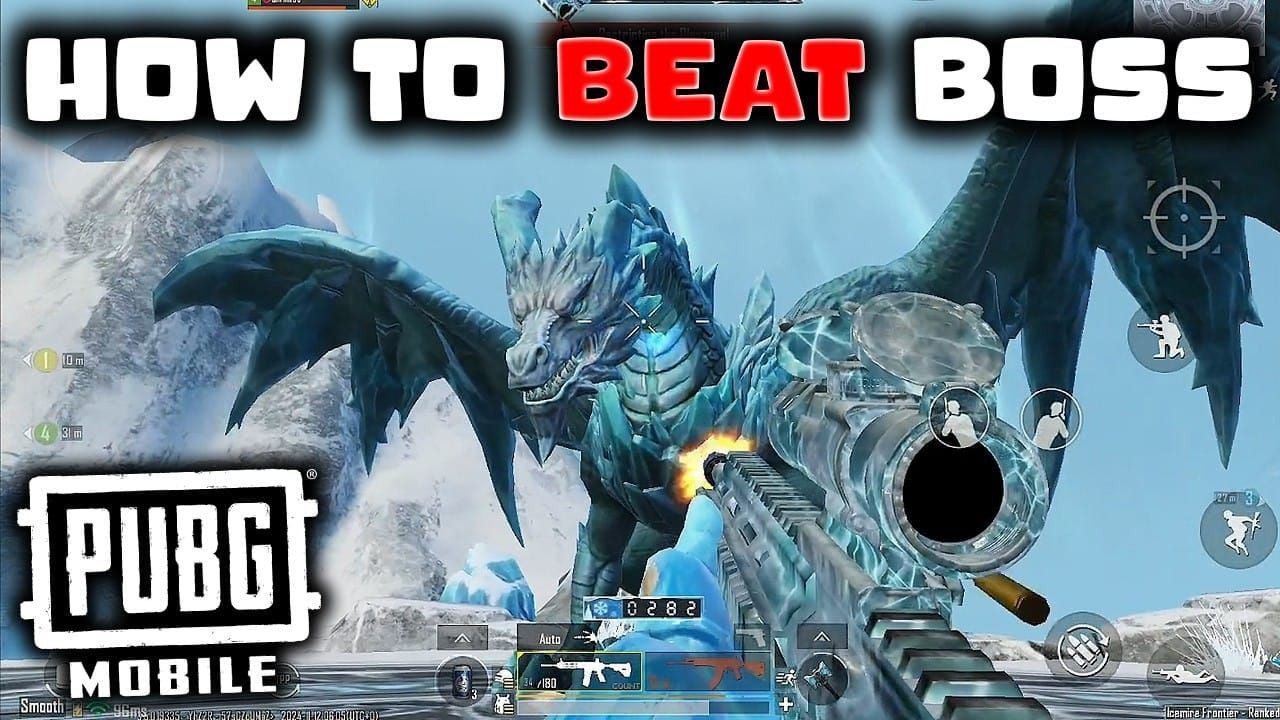 PUBG Mobile Ice Dragon boss fight screenshot showing the boss and combat mechanics