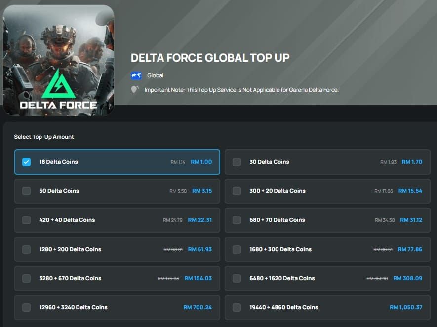 BitTopup payment selection screen for Delta Force currency packages