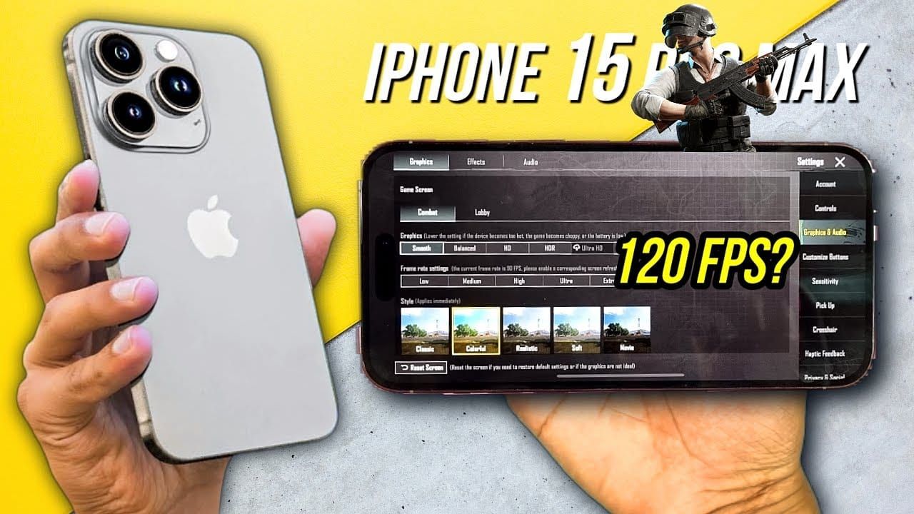 iPhone 15 Pro Max running PUBG Mobile game showing smooth gameplay on ProMotion display
