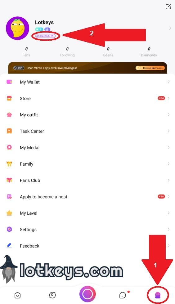 Скриншот профиля Mango Live с ID пользователя для пополнения Алмазов