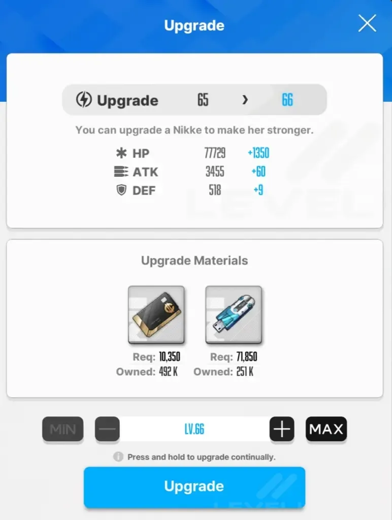 Nikke skill manual upgrade menu showing book requirements