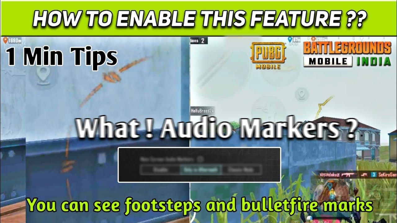 PUBG Mobile gameplay screenshot showing visual sound effect indicators for footsteps and gunfire