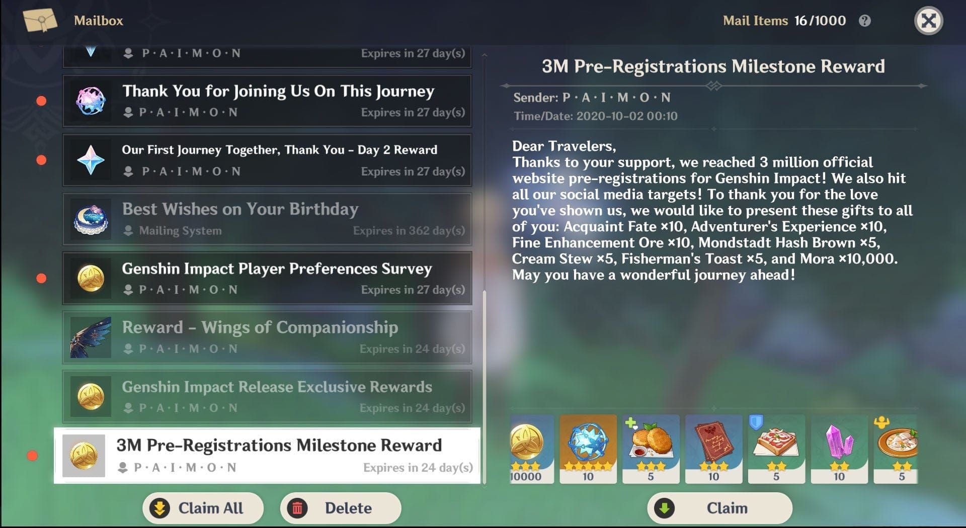 Genshin Impact Lantern Rite Primogem mail claim interface screenshot