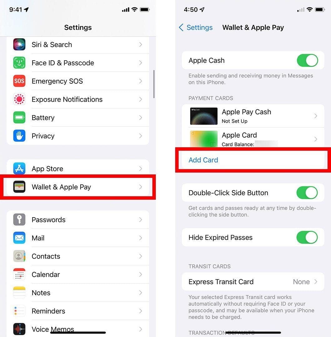 iOS settings screen showing Apple Pay and Wallet configuration options