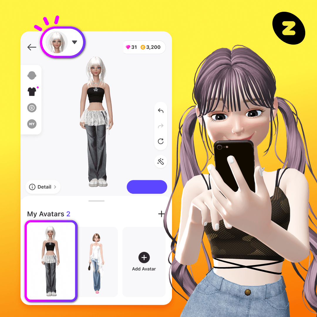 Аватар игрока просматривает одежду в магазине ZEPETO