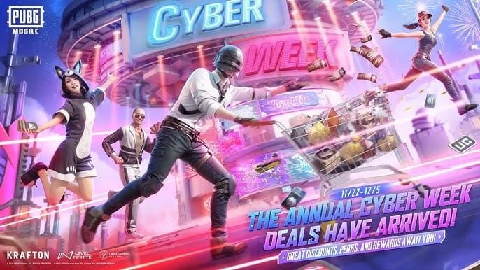 PUBG Mobile Cyber Week interface showing rebate sets like Crimson Templar and Mystic Vagabond