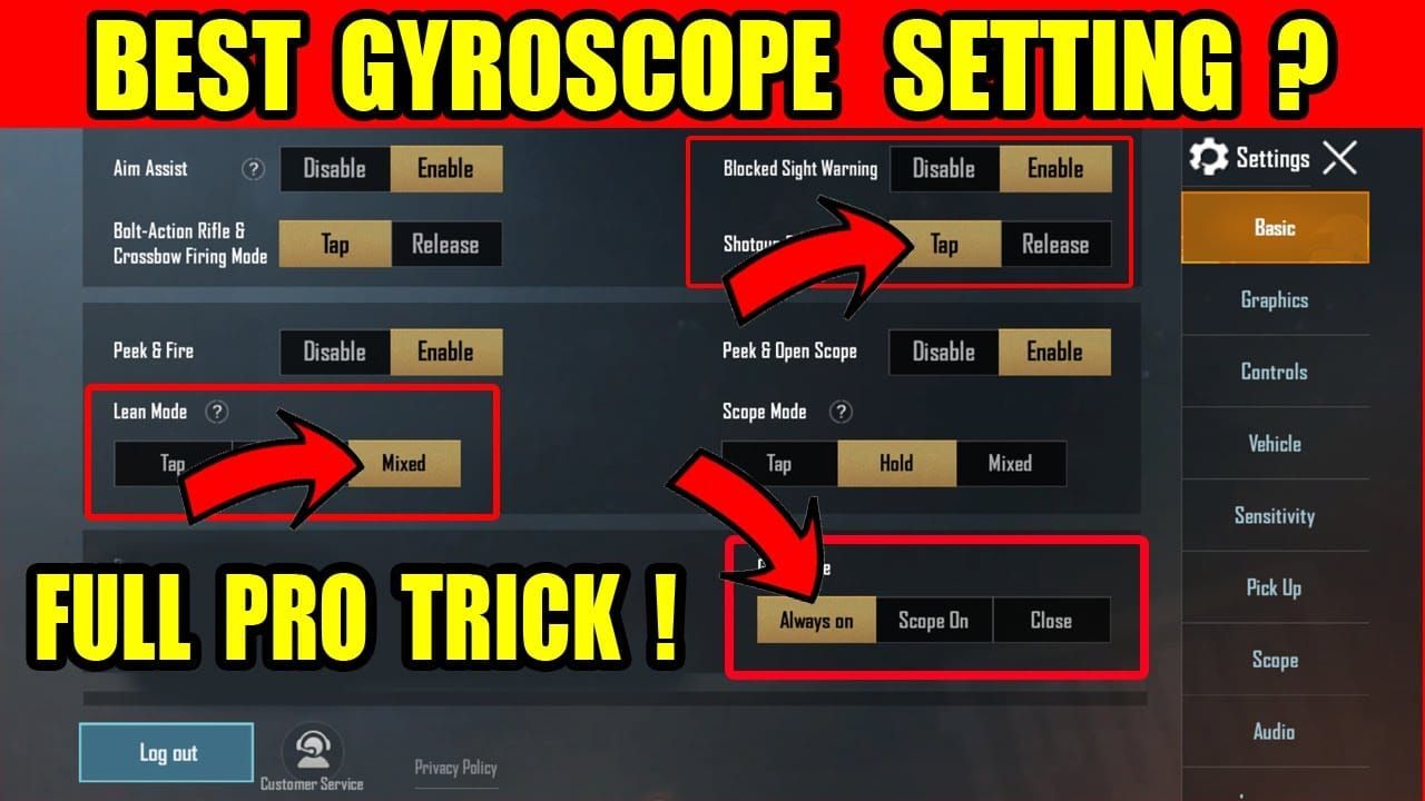 PUBG Mobile gyroscope configuration interface with sensitivity sliders and calibration options