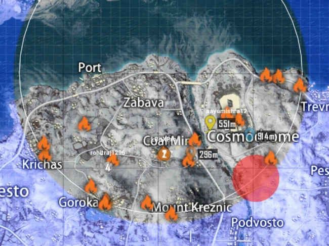 Карта PUBG Mobile Arctic Basemap с указанием точек высадки у Мирового древа и Страж-цветов