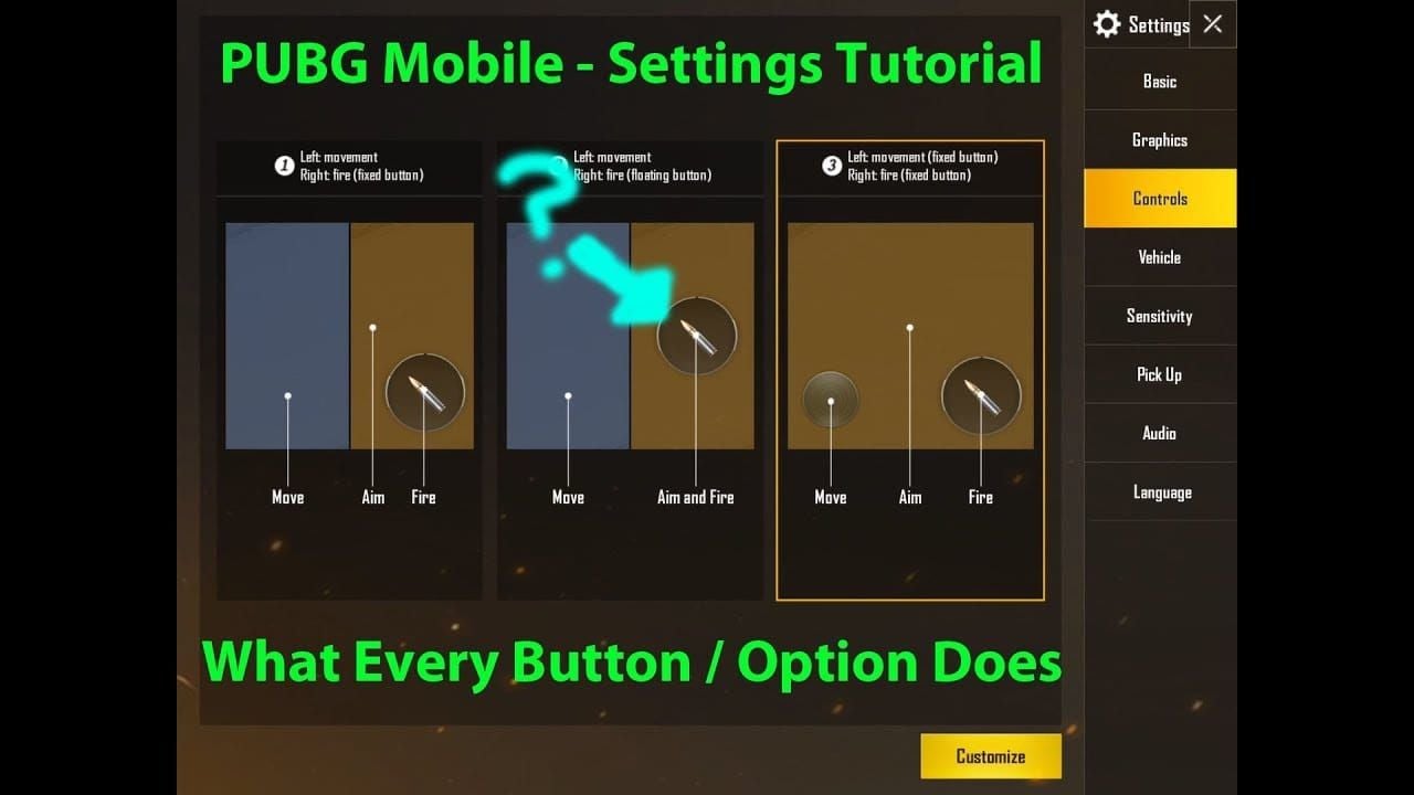 PUBG Mobile menu navigation showing the path from Settings to Sensitivity to Layout to Share function