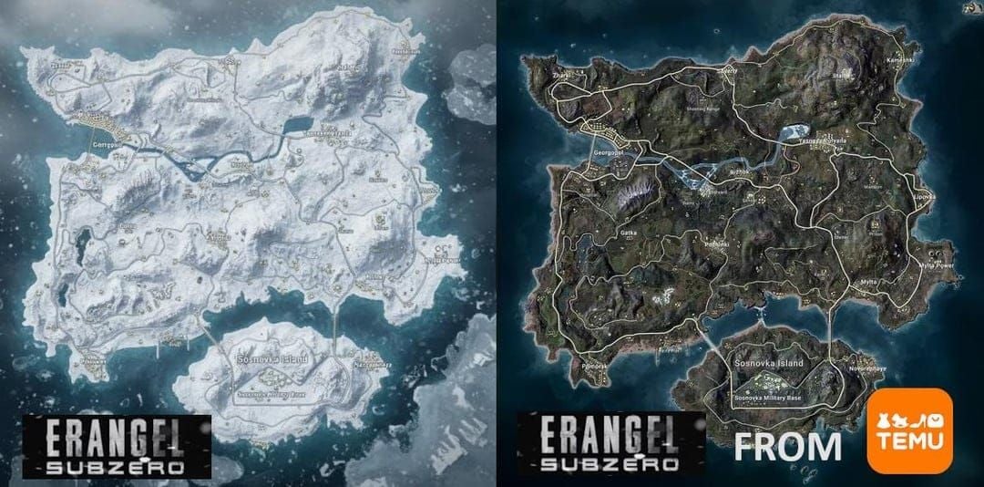 Карта PUBG Mobile Winter Erangel с указанием мест появления гранатомета «Синяя зона»