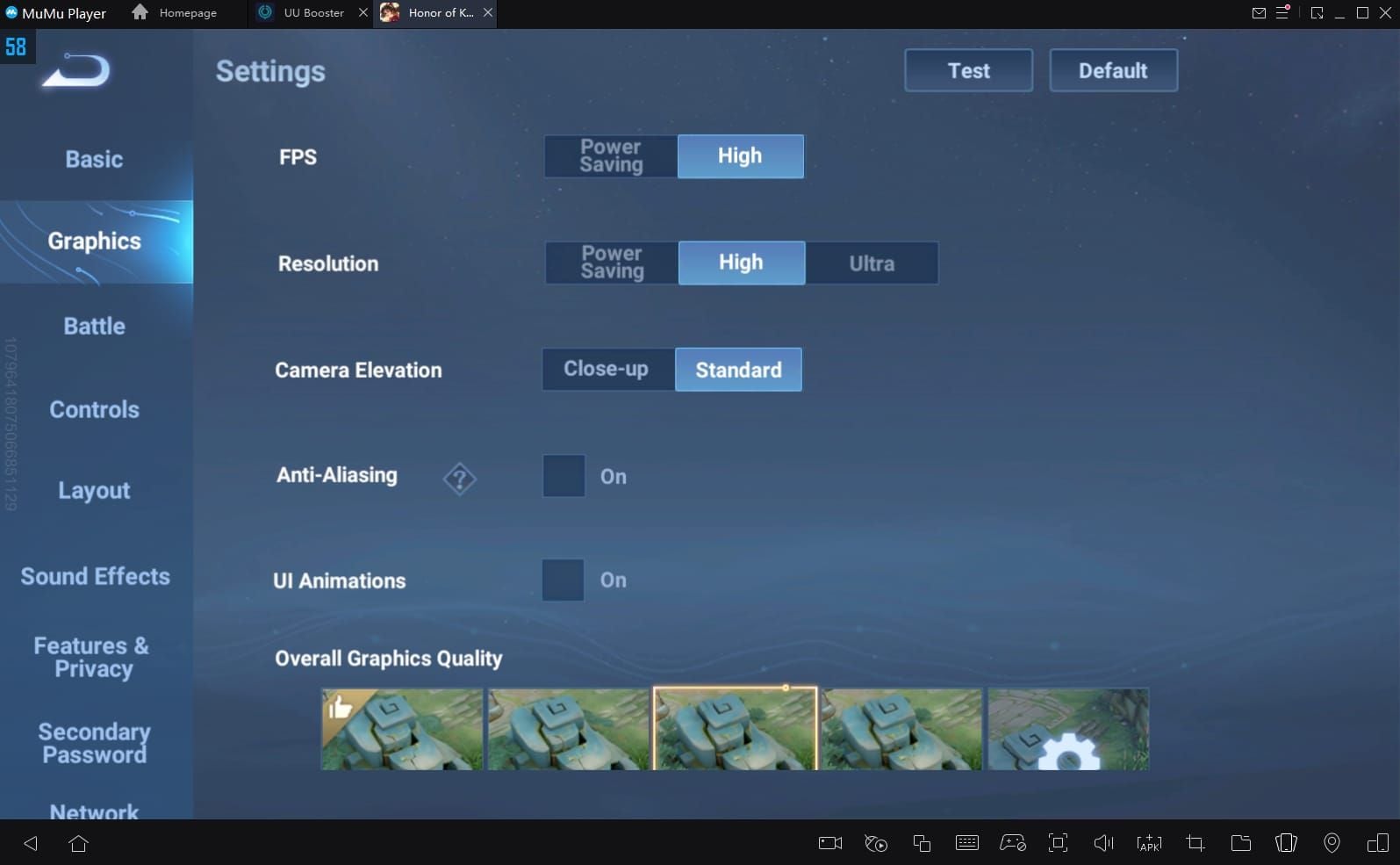 Honor of Kings settings menu with Network Optimization enabled