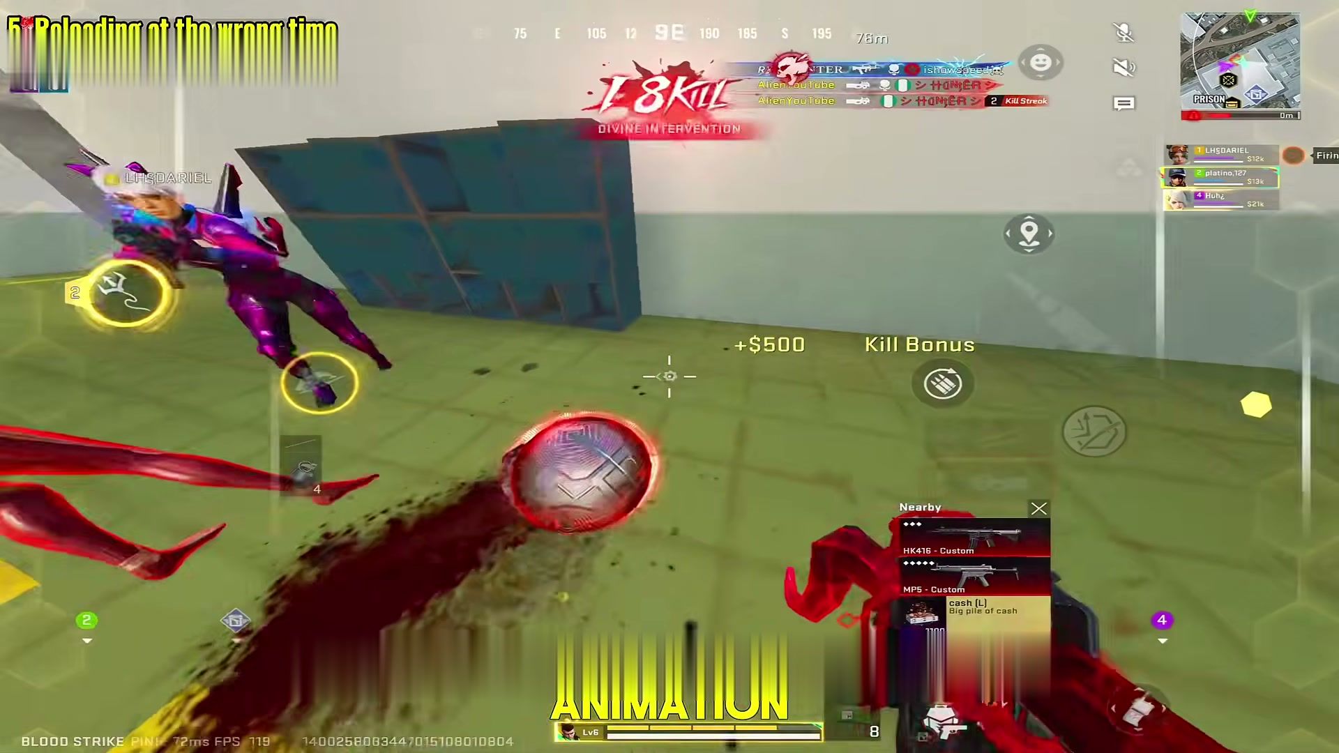 After a Blood Strike kill bonus, Nearby shows HK416 and MP5 while 8 rounds remain: do not reload in the open