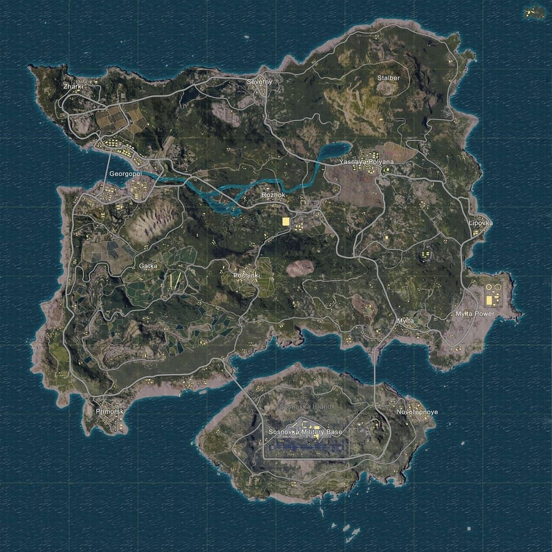 PUBG Mobile Erangel map remake showing Pochinki Yasnaya Sosnovka with secret rooms