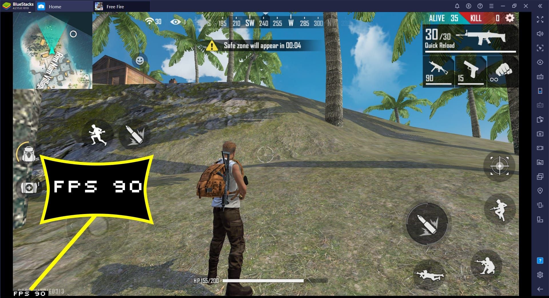 Скриншот игрового процесса Free Fire, показывающий счетчик 60 FPS