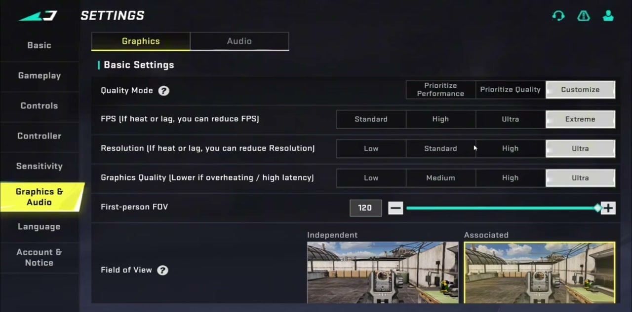 Blood Strike Graphics settings with first-person FOV 120 and Associated selected
