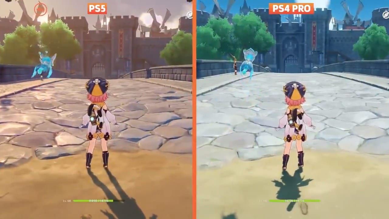 Performance comparison between Genshin Impact on PS4 versus PS5 showing loading times and frame rates