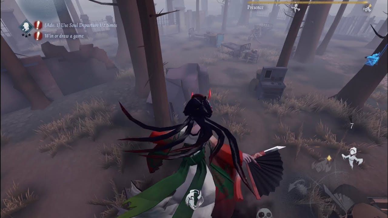 Скриншот геймплея Гейши в Identity V, демонстрирующий ротацию паттернов на карте Arms Factory