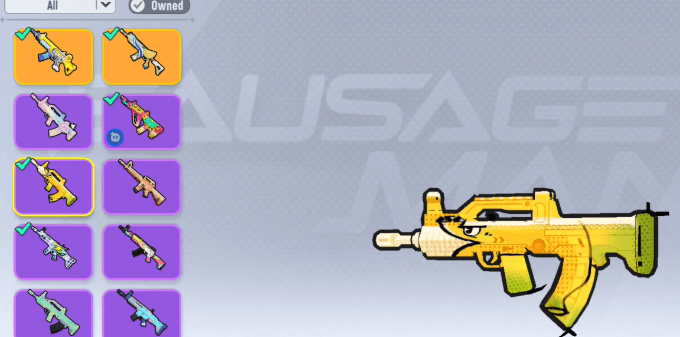Sausage Man competitive firearm loadout featuring S-tier assault rifles and snipers