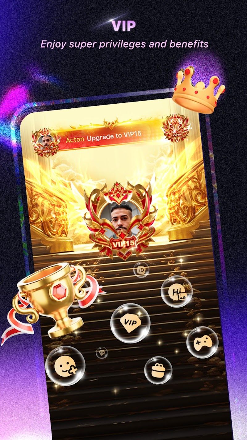 Official Xena Live screenshot of the VIP privileges screen with badges, avatar frame and premium rooms