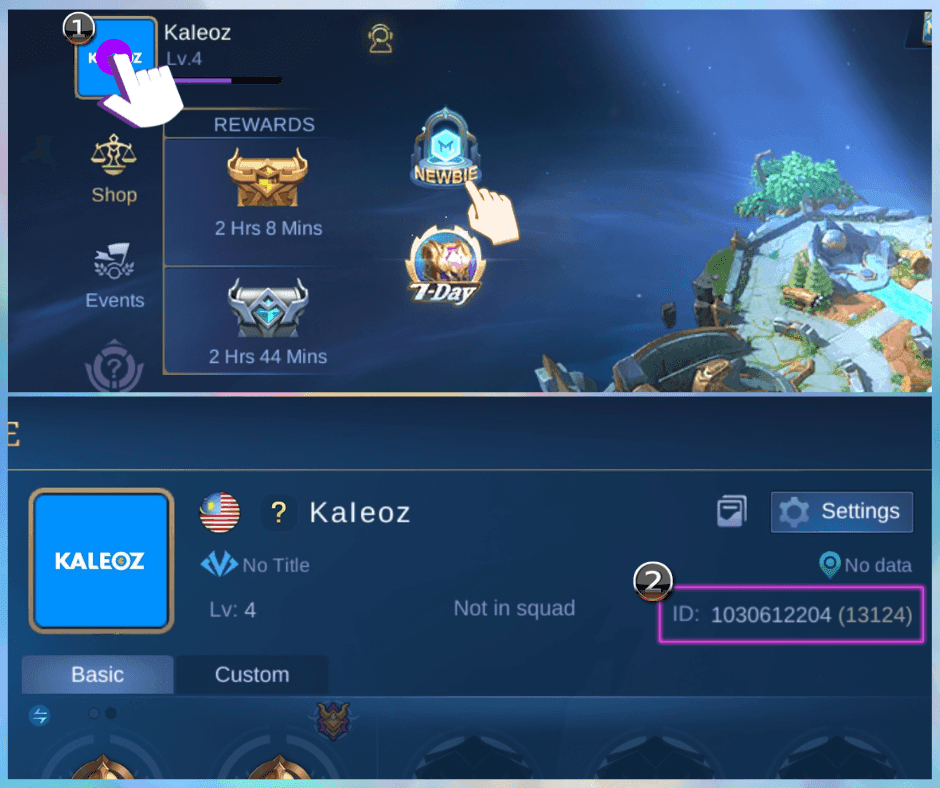 Mobile Legends Bang Bang interface showing how to locate User ID and Zone ID in player profile