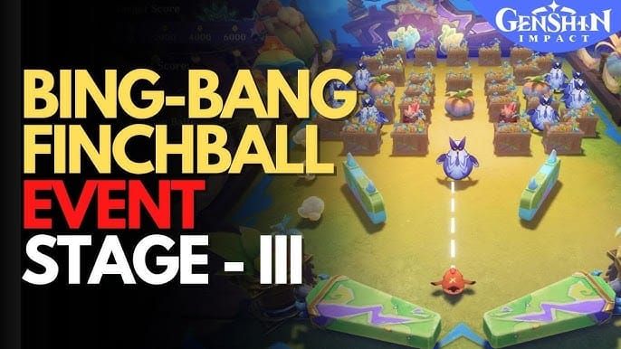 Экран испытания Genshin Impact «Бум-Бам-Финчбол» с отображением пороговых значений очков и целей по наградам
