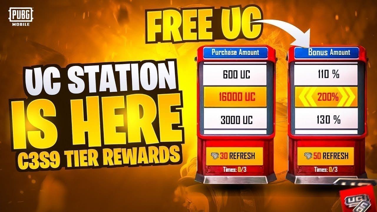 PUBG Mobile UC rebate event claiming interface with Events icon and rewards center