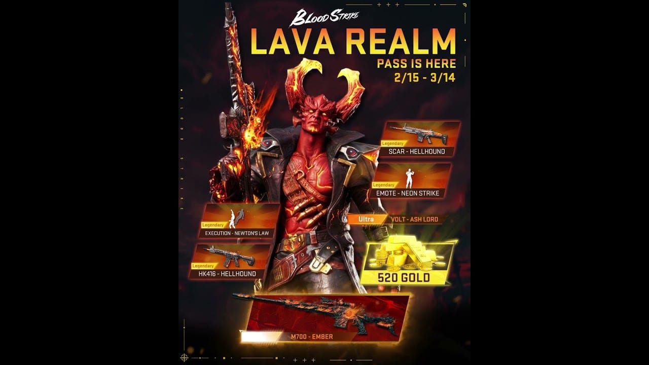 Интерфейс Strike Pass «Lava Realm» в Blood Strike с наградами и возвратом золота