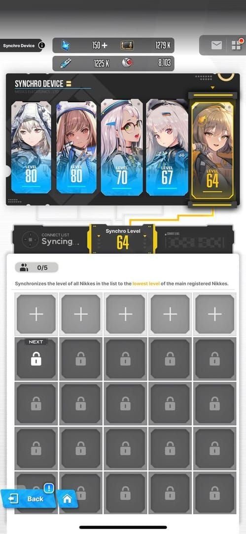 NIKKE Synchro Device screen displaying five-character synchronization system