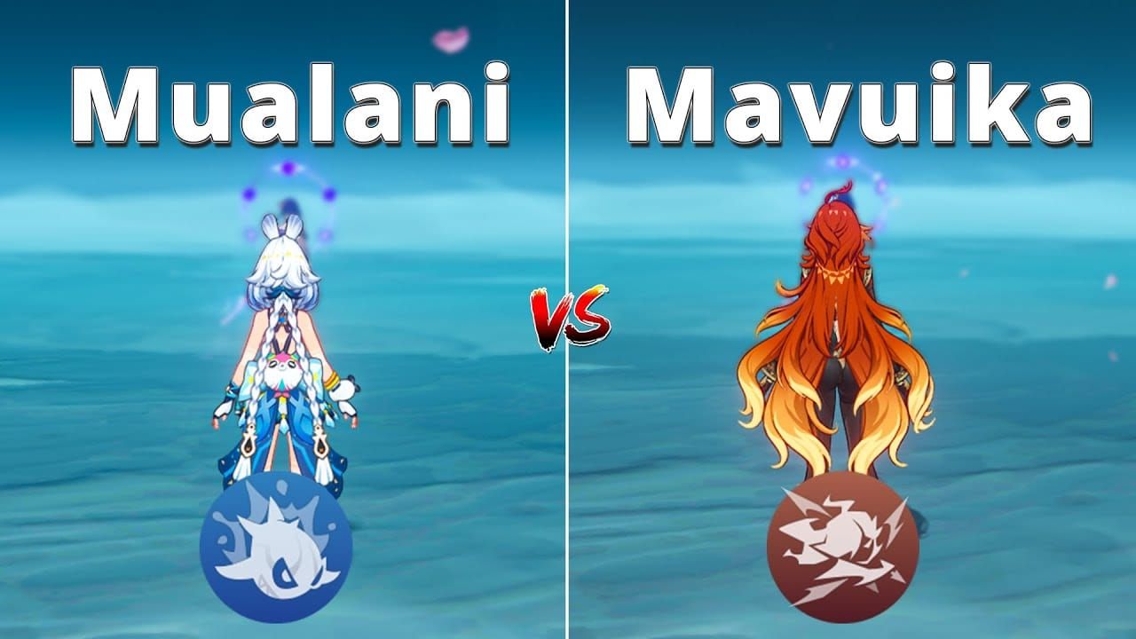 Comparison image of Mualani surfing consumption rates on water and magma in Genshin Impact