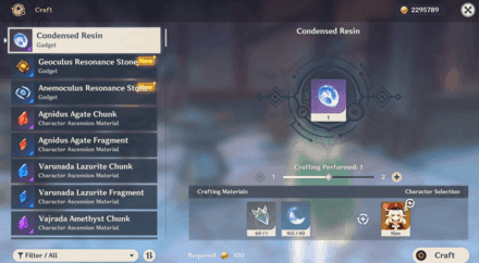 Genshin Impact Condensed Resin crafting and usage interface
