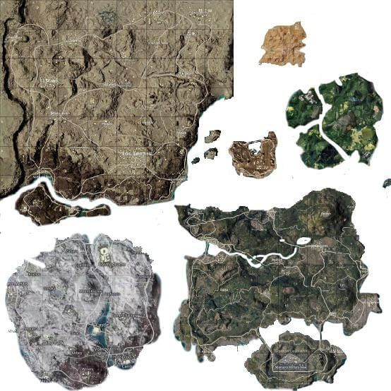 Comparison of PUBG Mobile maps showing Erangel, Sanhok, and Miramar strategic locations