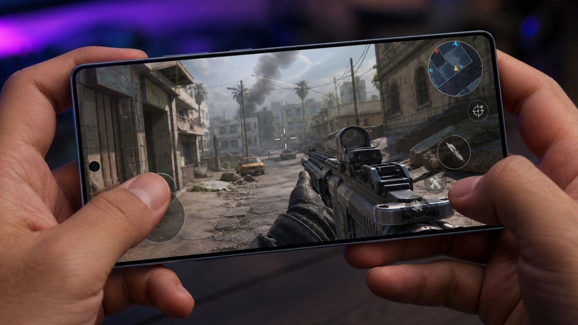 PUBG Mobile 120Hz phone gameplay in landscape with on-screen fire and aim buttons