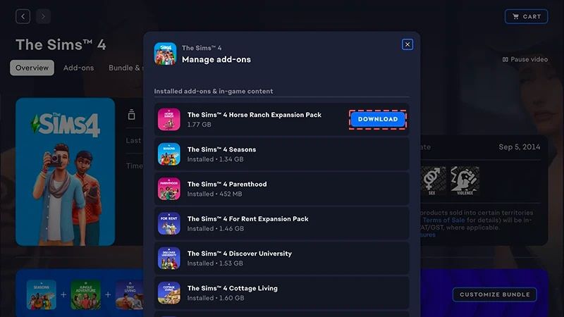 Экран управления дополнениями The Sims 4 в EA app с установленными наборами