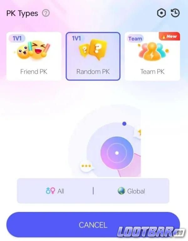 Экран битвы Poppo Live 1 на 1 PK, показывающий вступительный взнос и награды