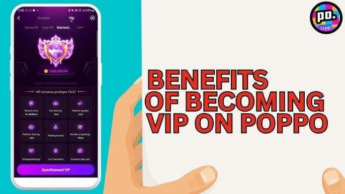 Poppo Live premium features interface displaying VIP membership and premium chat options