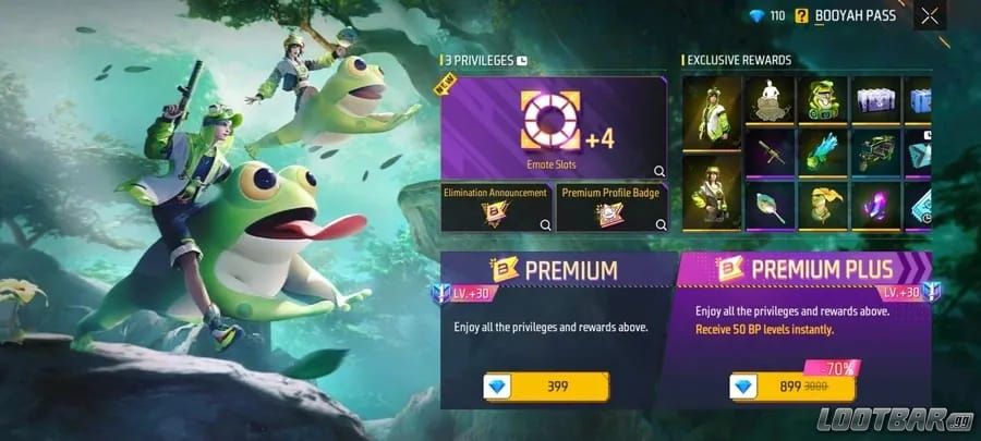 Free Fire Booyah Pass Premium and Premium Plus purchase options screenshot