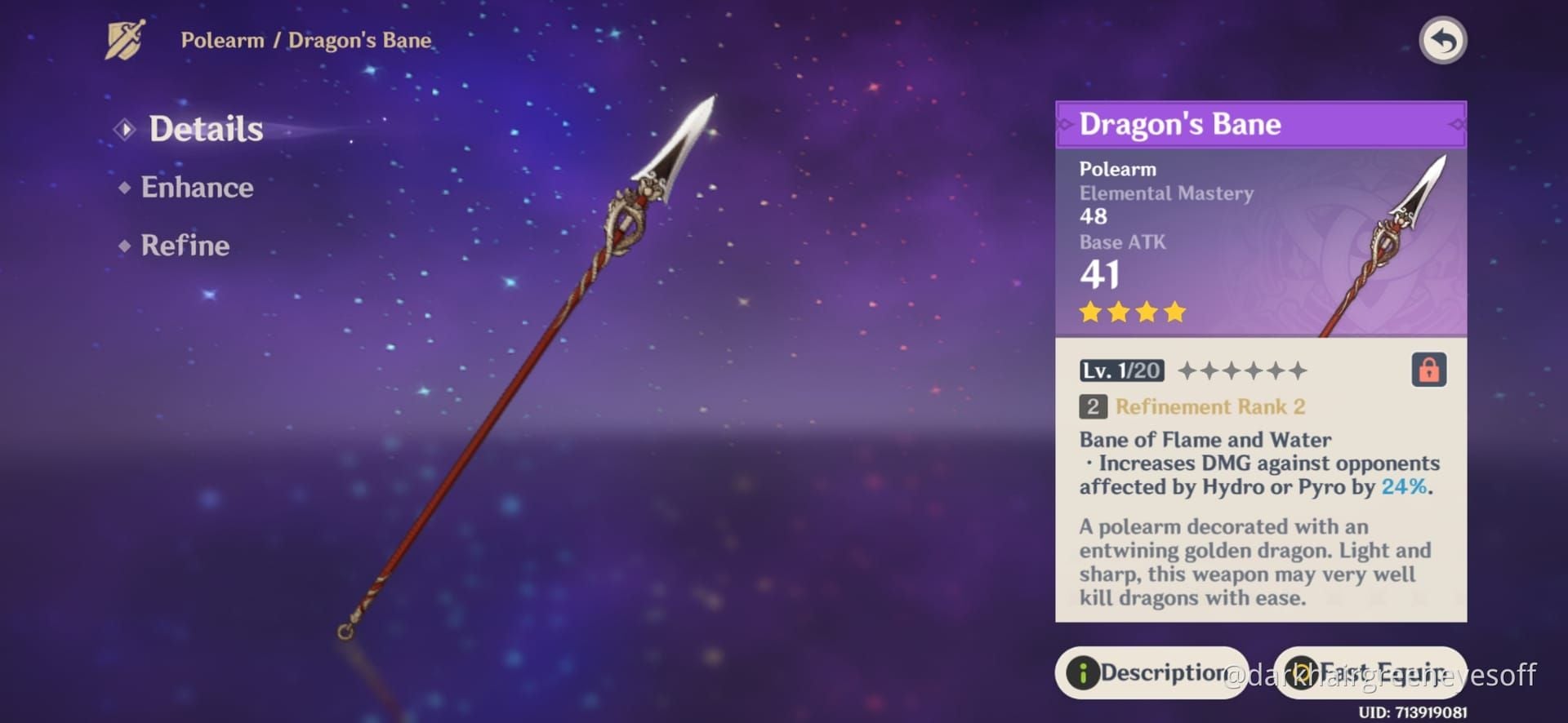 Dragon's Bane polearm weapon from Genshin Impact displaying weapon statistics