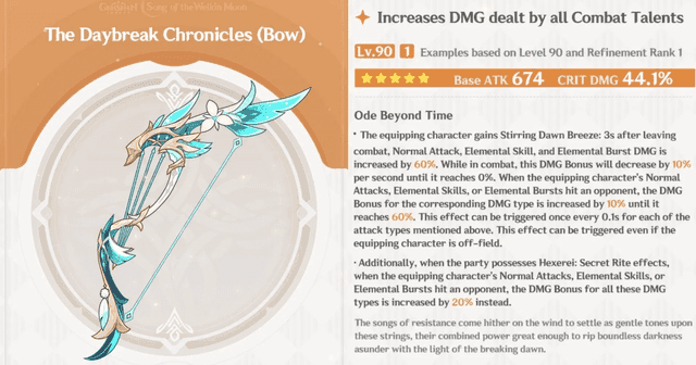 Daybreak Chronicles signature bow weapon stats in Genshin Impact