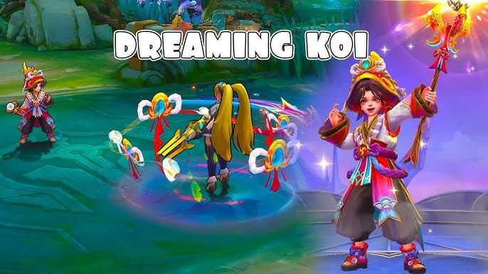 Арт облика Харли «Мечтательный карп» в Mobile Legends Bang Bang, демонстрирующий карты в виде водных вихрей, всплески с карпами кои и спиральные потоки