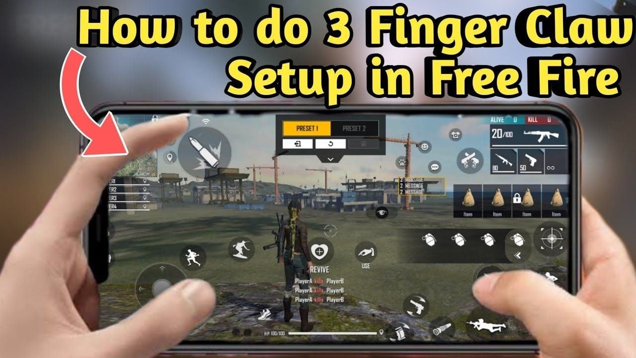 Раскладка в 3 пальца в Free Fire с левым указательным пальцем на верхней левой кнопке огня