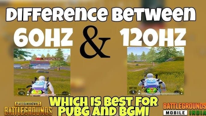 PUBG Mobile gameplay comparison showing 60Hz versus 120Hz refresh rate differences