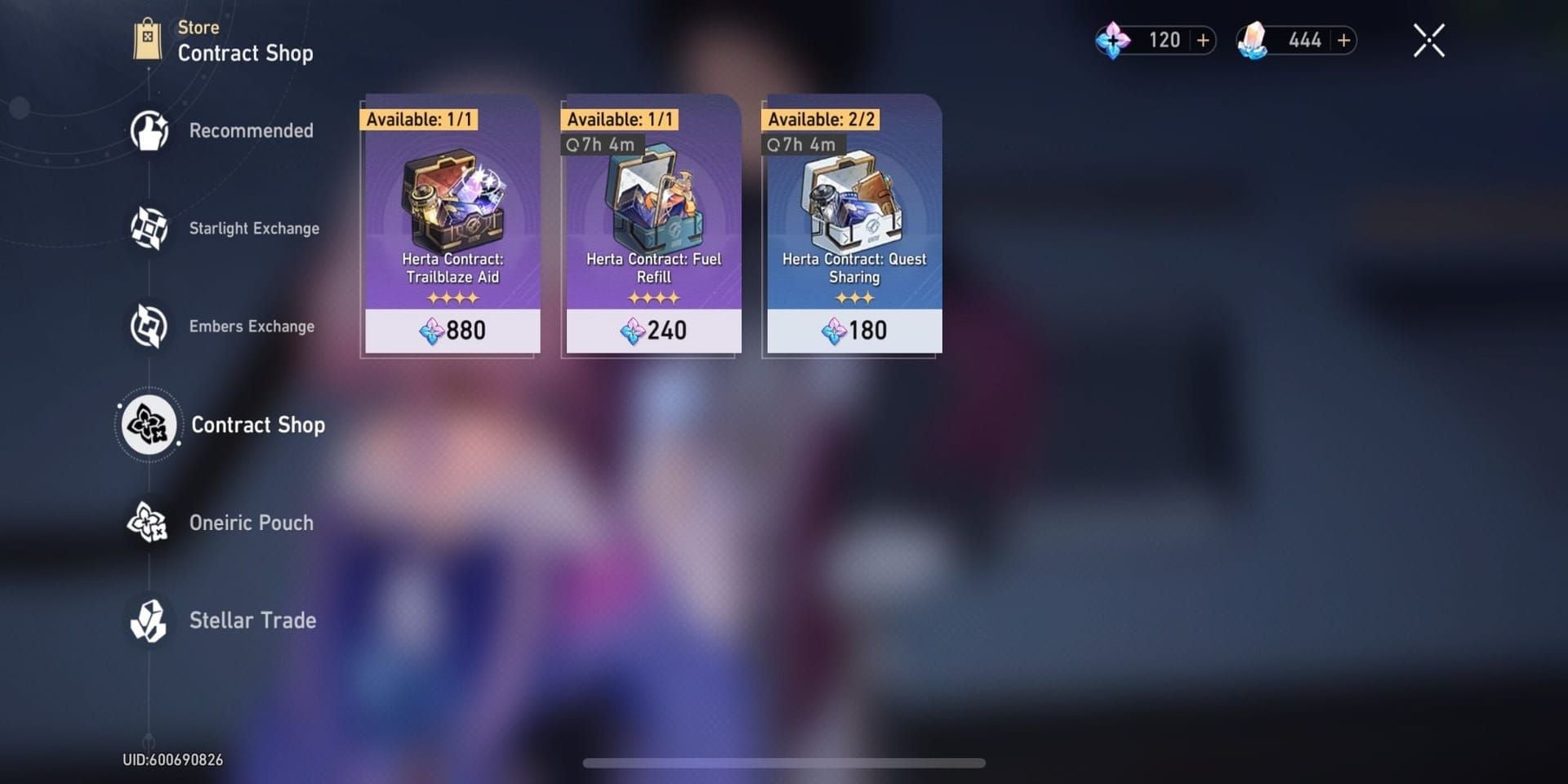 Honkai Star Rail Contract Shop showing various bundle options and pricing