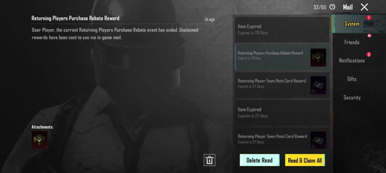 PUBG Mobile in-game mail interface with PUBGGAMECODECITY UC reward claim