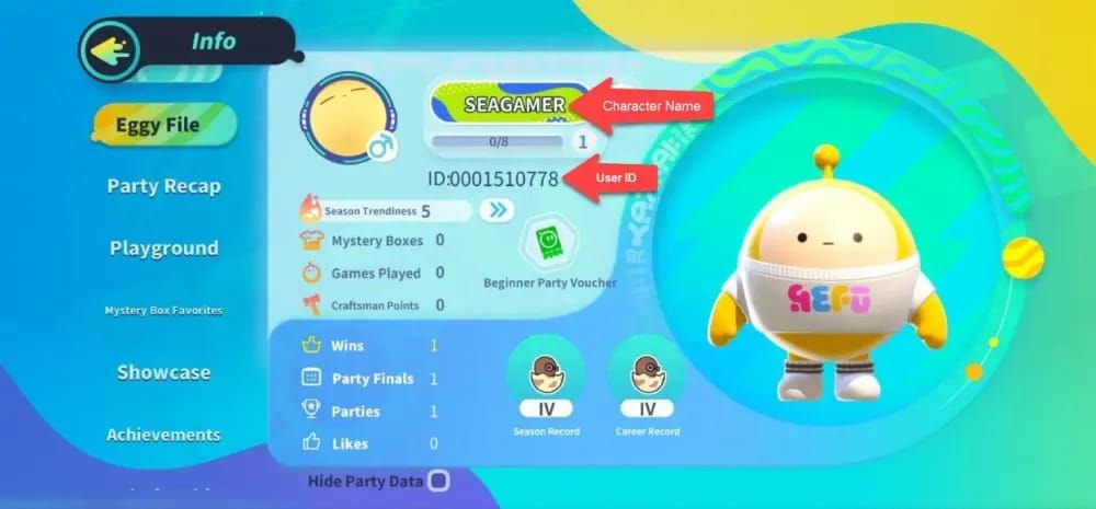 Интерфейс профиля Eggy Party с UID игрока для пополнения Eggy Coins