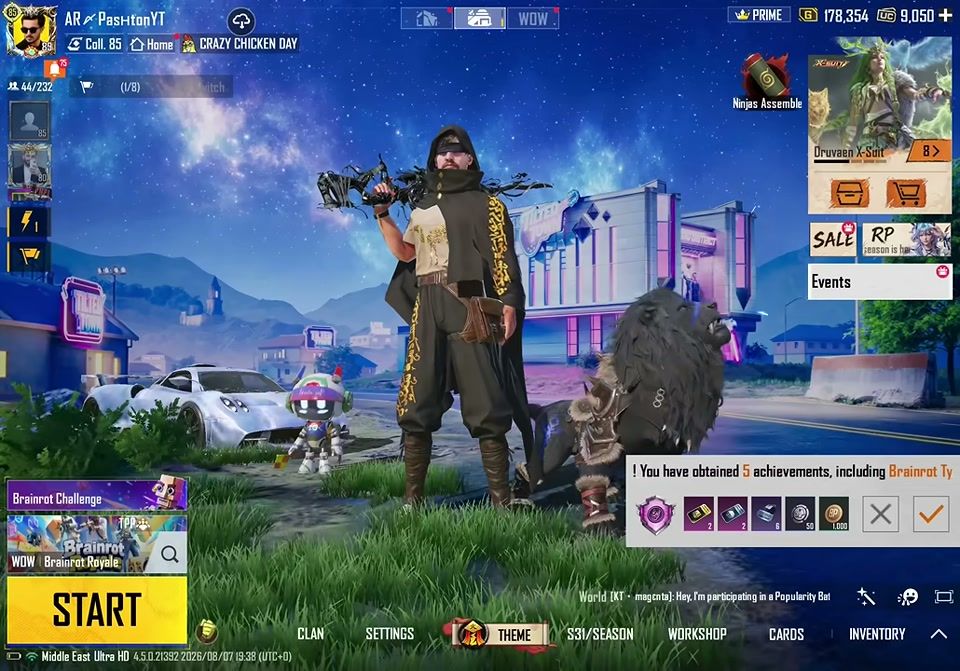 PUBG Mobile lobby with WOW Brainrot Royale selected after achievements