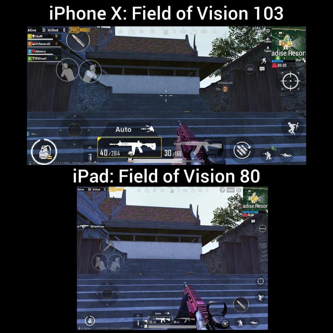 Сравнение угла обзора PUBG Mobile на экранах iPad и смартфонов